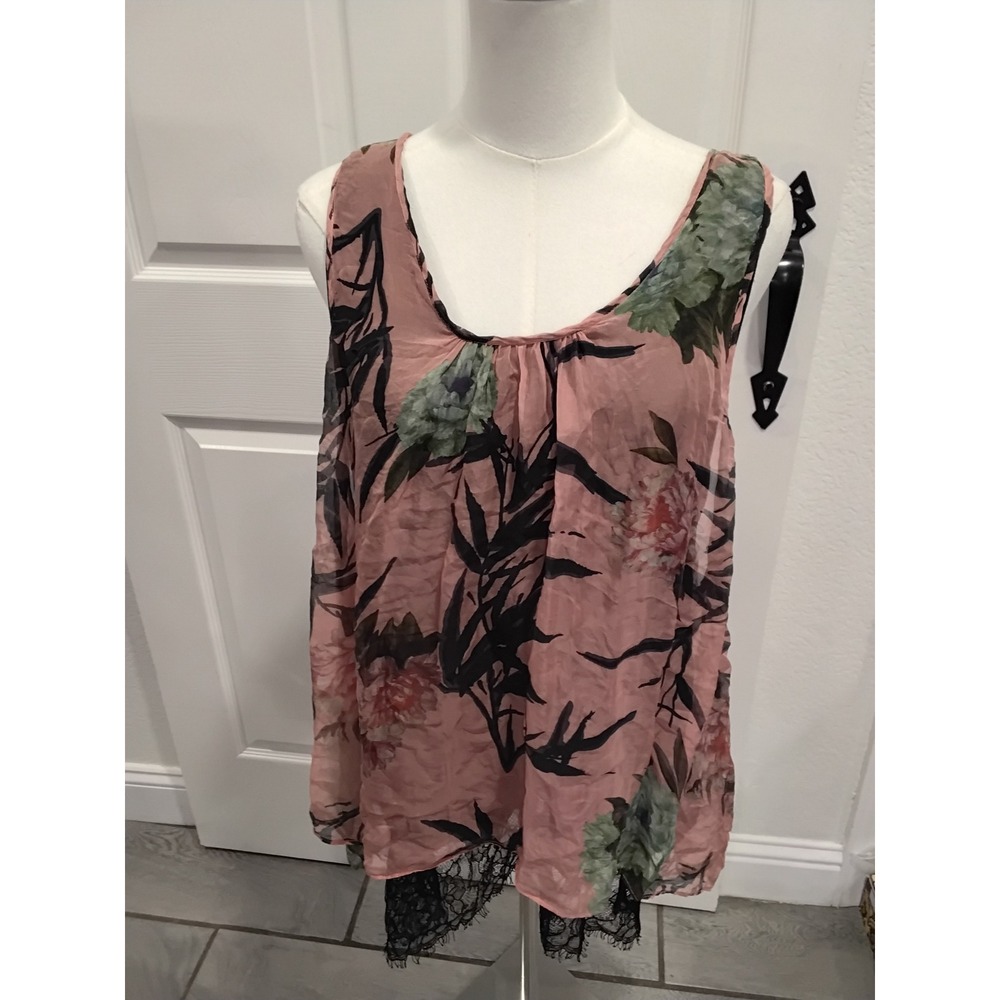 Karen Kane Silkโ Floral Layered Tank Top Pink Black Lace Hem XL 4L31168